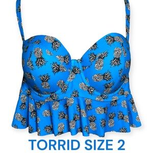 Torrid Blue Pineapple Print Flounce Bikini Tankini Swim Top Plus Size 2X